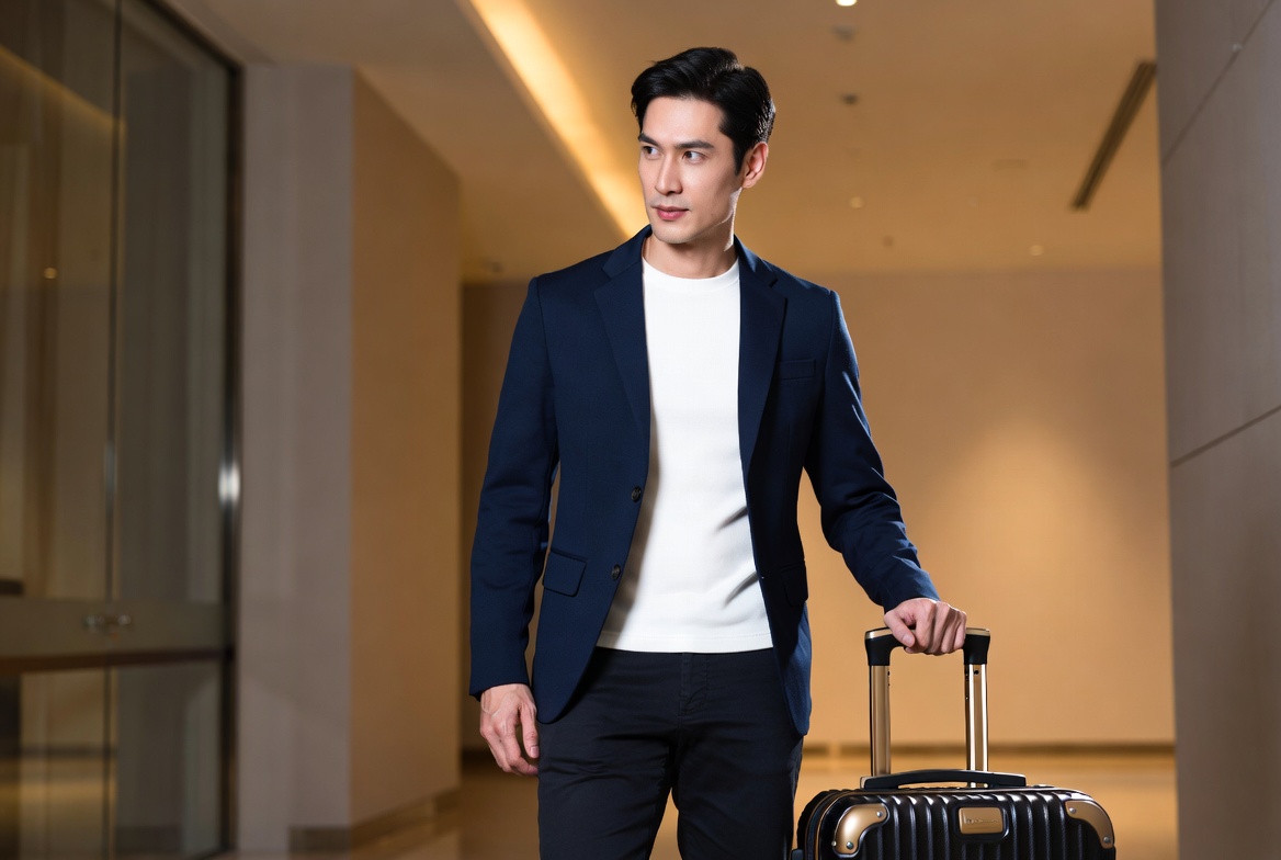 Premium luggage display, lifestyle travel photo